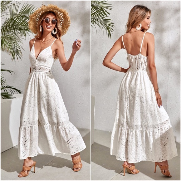 Boho White Plunging Neck Eyelet Cami Slit Dress - Picture 2 of 3